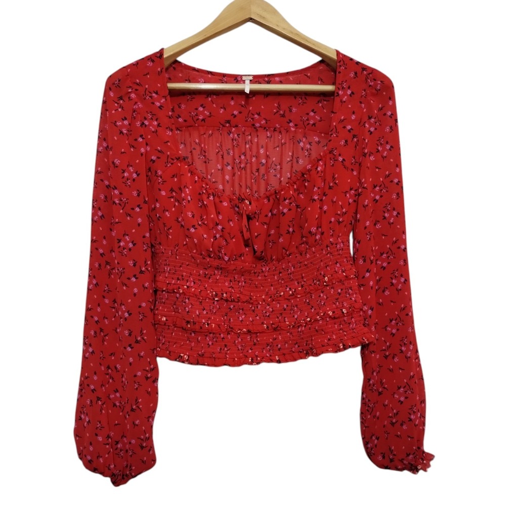 Free People Lolita Floral Print Top Womens S‎ Milkmaid Boho Long Sleeve Smocked